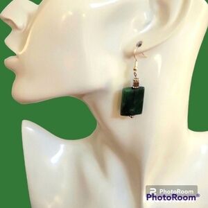 Handmade Emerald Jade Rectangle Dangle Hook Earrings